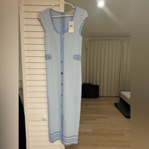 Michael Kors Light Blue and White Tile Jacquard Midi Dress